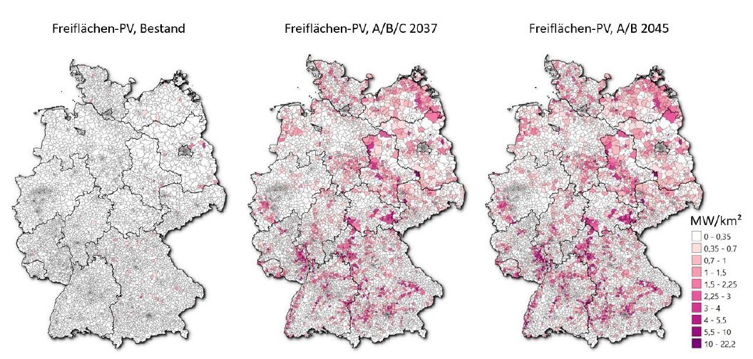 Potenzielle Flächen für Freiflächen-Photovoltaik heute, 2017 und 2045.